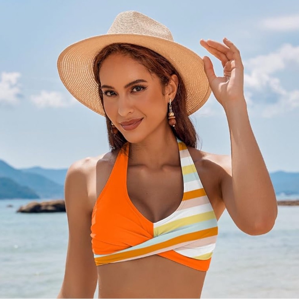 New with out tags .Orange and White Striped Women's Bikini Top